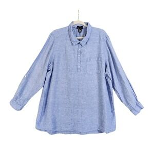 Jones New York Womens Linen Popover Tunic Top Plus Size 2X Blue Roll Tab Sleeves